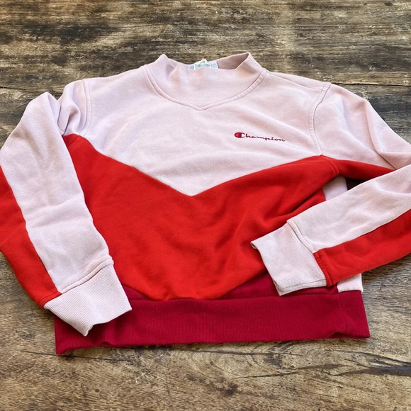 Champion chevron striped mock turtleneck sweatshirt pink orange crop size xs - Picture 3 of 9